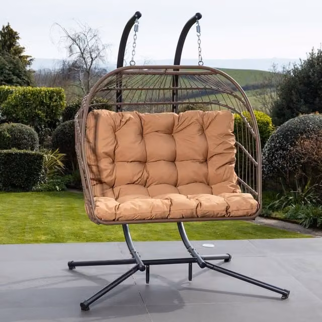 Artemis Home Brown Polyrattan Double Garden Swing Seat with Weatherproof Microfibre Cushions