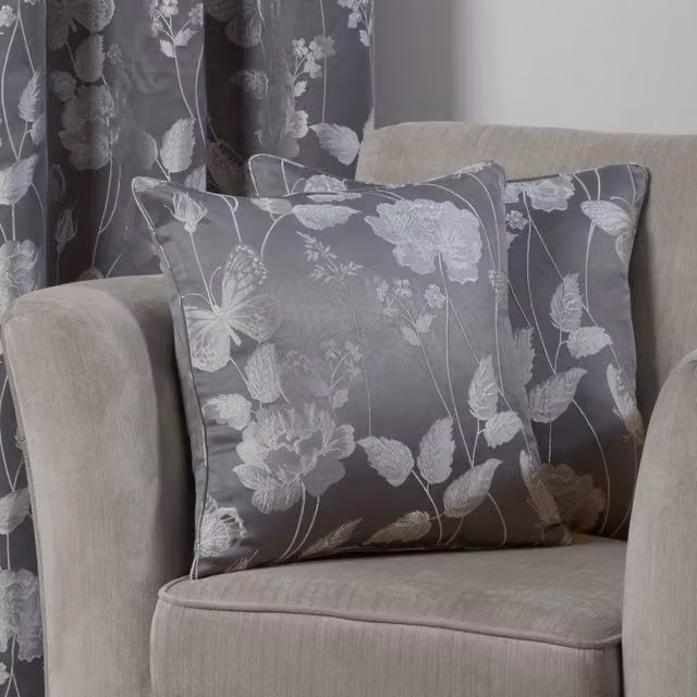 NewEdgeBlinds Butterfly Meadow Square Floral Cushion Cover in Grey