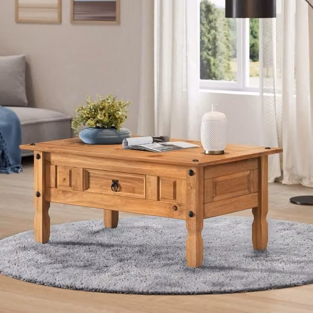 Mercers Furniture Corona Coffee Table in Antique Waxed Solid Pine Wood with 1 Drawer, W/D/H: 95 x 50 x 45 cm