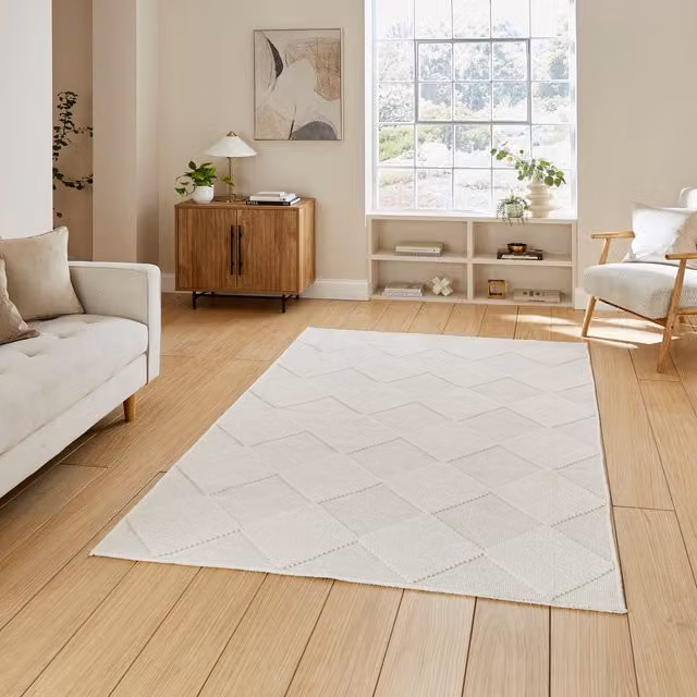 Terrys Lyna J0529 Modern Rectangular Washable Rug in Beige and White with Diamond Pattern