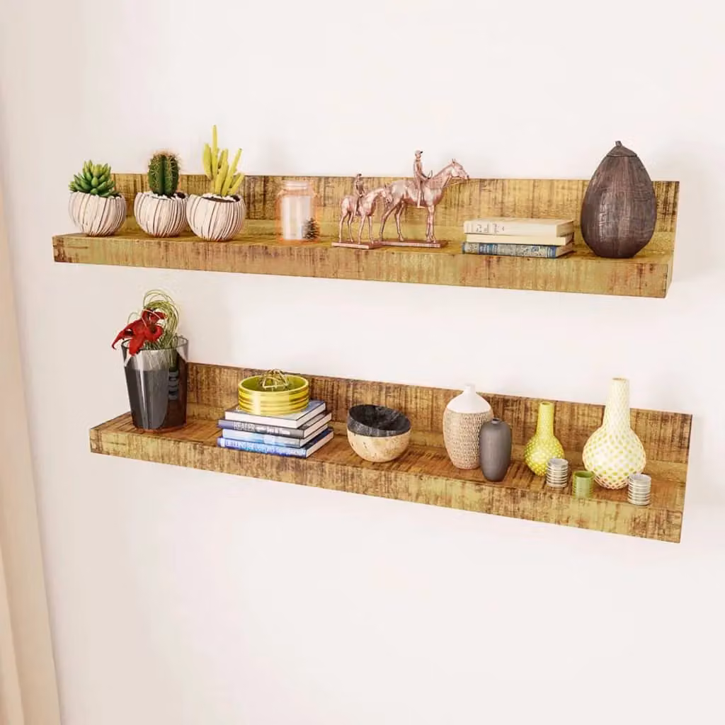 Berkfield Home Set of 2 Modern Mango Wood Wall-Mounted Display Shelves in Brown – 2