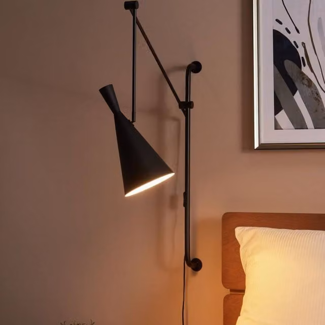 Wyld and Coco Black Metal Wall Lamp with Adjustable Arm and Cone Shade