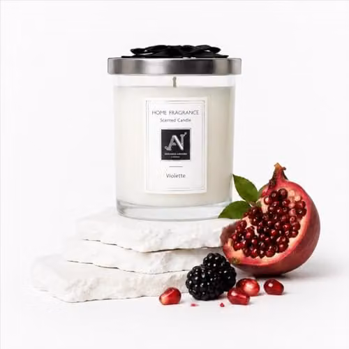 Aroma Naturals Minimalist Luxe Violette Scented Candle in White Glass with Metal Lid