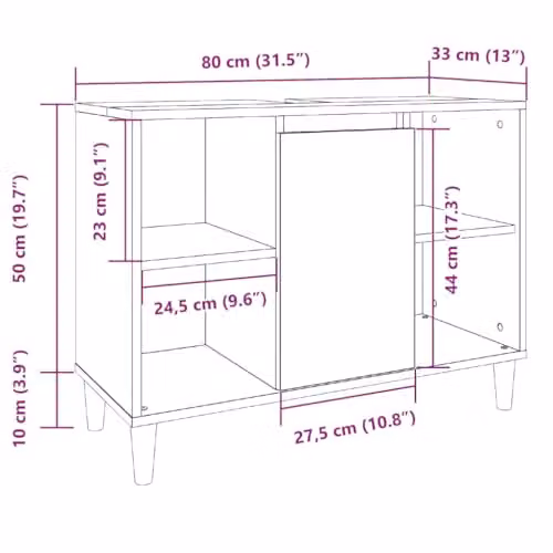 vidaXL Modern Freestanding Bathroom Cabinet in Grey MDF with Hinged Doors and Open Shelf, W: 80 cm, D: 33 cm, H: 60 cm – 3