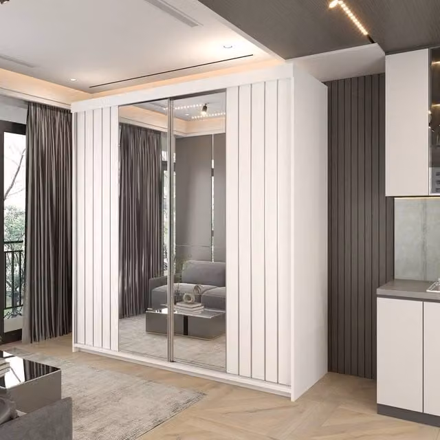 Sliding Wardrobes 4U Monali Mirror Sliding Wardrobe with Internal Drawers and Shelves, White, W: 150 cm, H: 217 cm, D: 62 cm