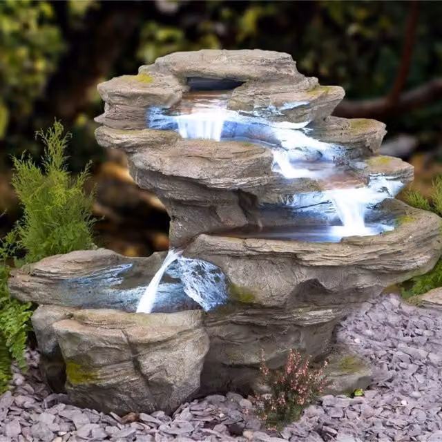 Primrose Ogen River Leap 4 Tier Stone Effect Cascading Water Feature with LEDs in Grey and Bronze Polyresin