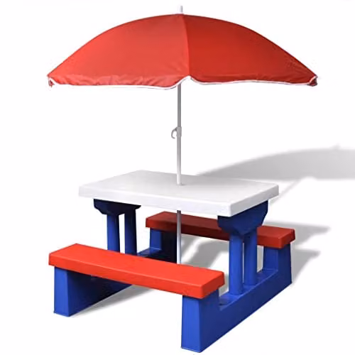 vidaXL Kids' Picnic Table with Benches and Parasol, Multicolour, W/D/H: 47 x 41 x 41 cm