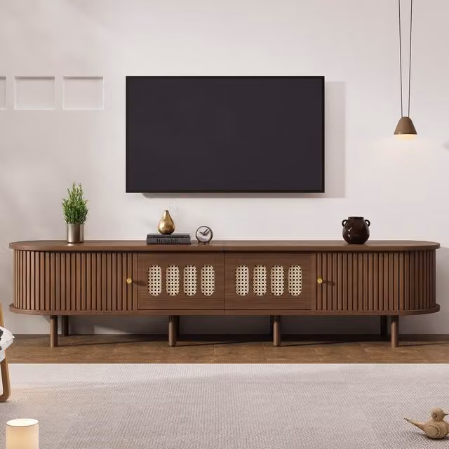 Aosom UK Modern TV Stand with 2 Rattan-Effect Drawers in Brown, W: 180 cm, D: 40 cm, H: 40 cm