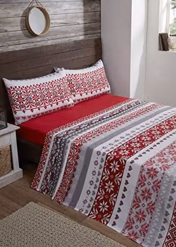 Rapport Home Fairisle Red Flannelette Cotton Bedding Set with Duvet Cover, Fitted Sheet, Flat Sheet and Pillowcase