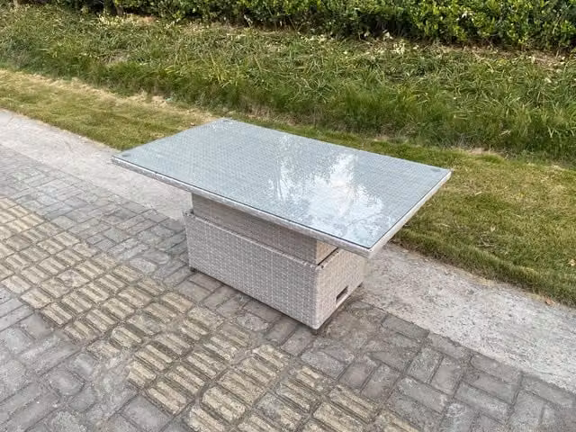 Fimous Rattan Garden Furniture Adjustable Rising Dining Coffee Table in Light Grey with Clear Tempered Glass, W/D/H: 80 x 80 x 68 cm