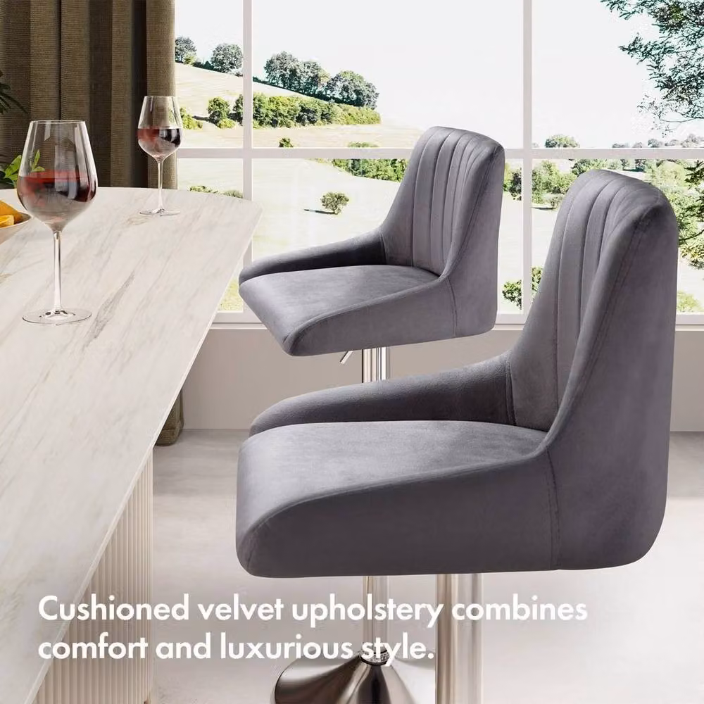 FLAVORA Grey Velvet Gas Lift Bar Stools Set of 2 – 3