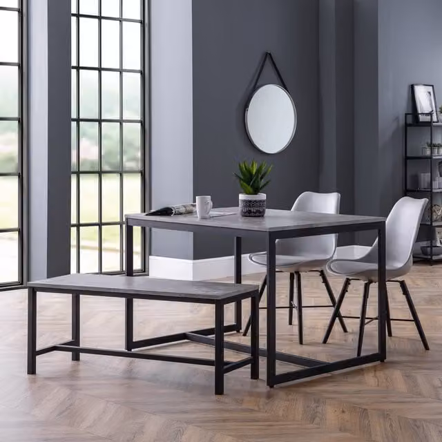 Julian Bowen Staten Dining Set with Rectangular Table, Bench and Kari Chairs in Grey and Black Industrial Style
