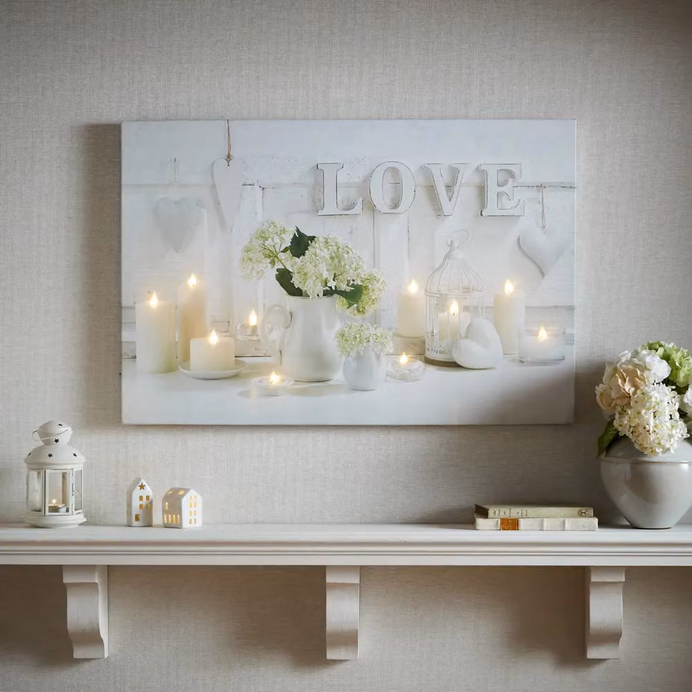 Art for the Home Hearts & Love LED Printed Canvas in Grey, White and Green with Shabby Chic Floral Design – 2