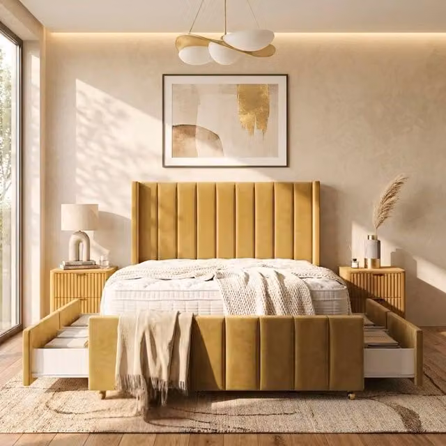 Stratus Interiors Oulton Wingback Divan Bed with Panel Headboard and 4 Drawer Storage in Yellow, W/D/H: 120 x 200 cm
