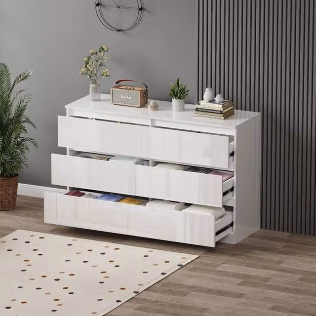 FORGEVIO 6 Drawer White Glossy Chest of Drawers and Bedside Cabinet