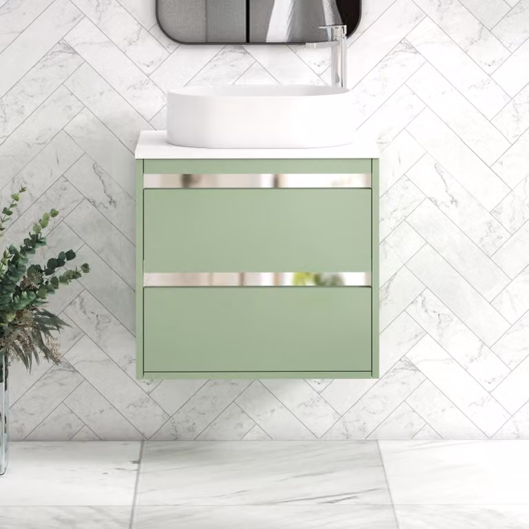 Royal Bathrooms Orion 600mm Wall Hung Vanity Unit in Mint Sage Green with White Peak Basin and Chrome Accent Trim