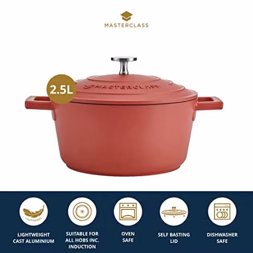 MasterClass Small Cast Aluminium Casserole Dish with Lid, Red, 2.5 l – 2