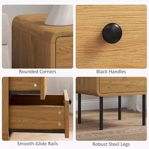 HOMCOM Modern Bedside Table with 2 Drawers in Oak – 4
