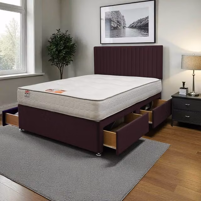 Knight Sleep Emily Plush Bed Set with Hybrid Mattress, 4 Drawers and Headboard in Purple and Grey, W/D/H: 120 x 200 cm