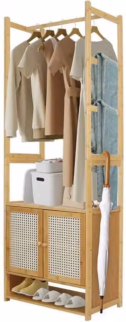 Kelvenix Bamboo Free Standing Clothes Rail Rack in Brown