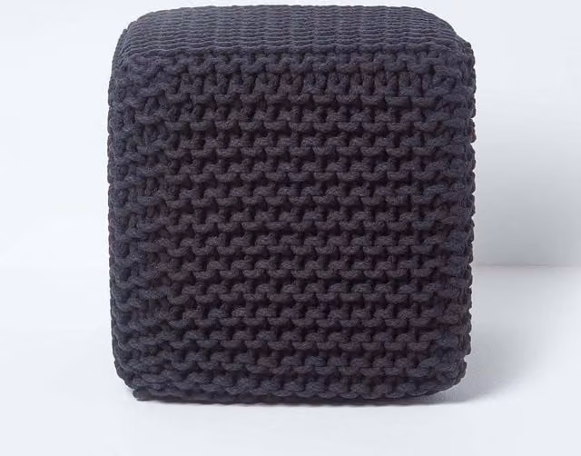 Homescapes Cube Cotton Knitted Pouffe Footstool in Black