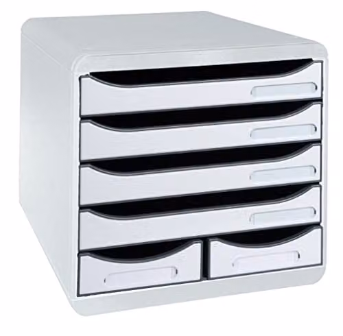 Exacompta BIG-BOX MAXI Document Box in Light Grey with 4 A4+ Drawers and 2 Utensil Drawers, W: 27.8 cm, D: 34.7 cm, H: 27.1 cm