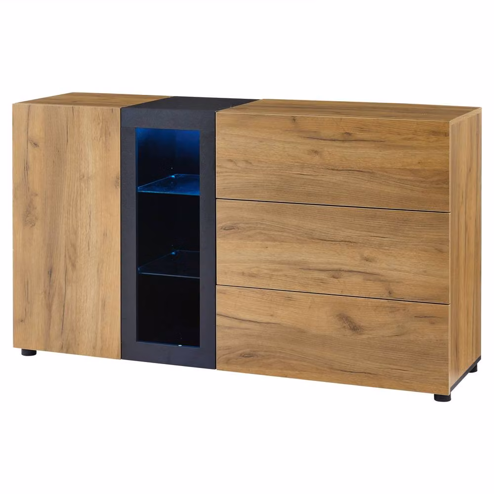 Matteo Modern LED Sideboard with Glass Display and 3 Drawers in Black and Brown – 3