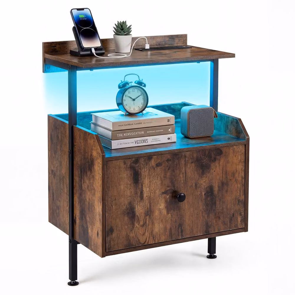 Gymax Industrial Bedside Nightstand with Integrated Lighting and Charging Station, Brown – 10