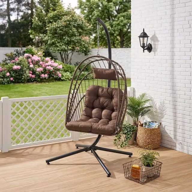 Darphe Modern Rattan Garden Swing Hanging Egg Chair with Metal Stand and Fabric Cushion in Brown and Black