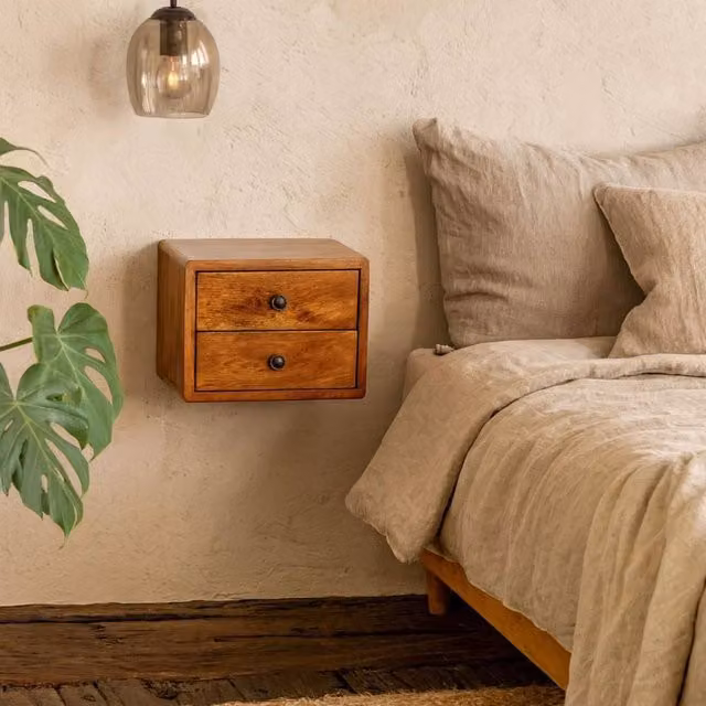 Wyld Haus Solis 2 Drawer Mango Wood Wall Mounted Nightstand in Brown, W/D/H: 60 x 25 x 30 cm