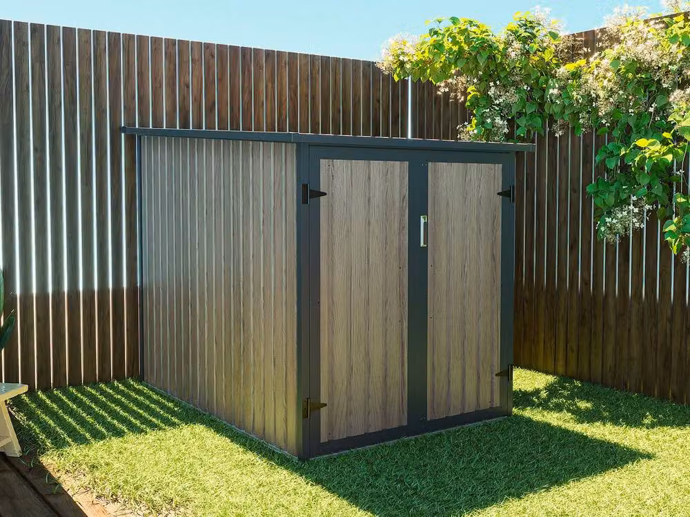 Vente-unique NIKI Galvanised Steel Bike Shed in Grey with Wood Effect and Double Doors – 2
