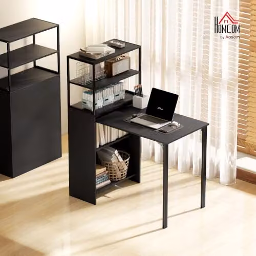 HOMCOM Folding Computer Desk with 4-Tier Bookshelf, Black – 2