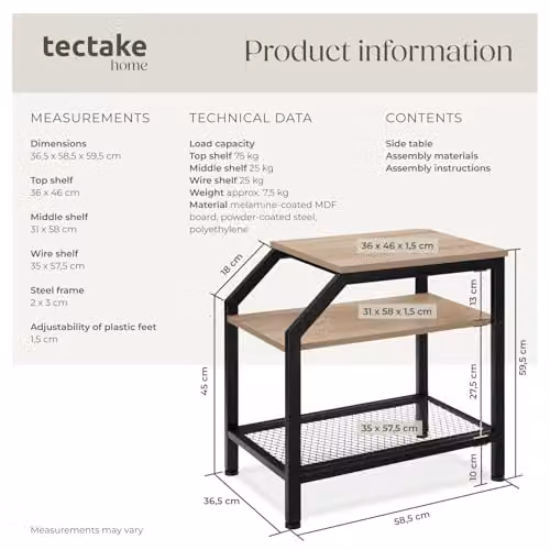 tectake Plymouth Bedside Table in Light Oak with Industrial Metal Frame, W/D/H: 36.5 x 58.5 x 59.5 cm – 3
