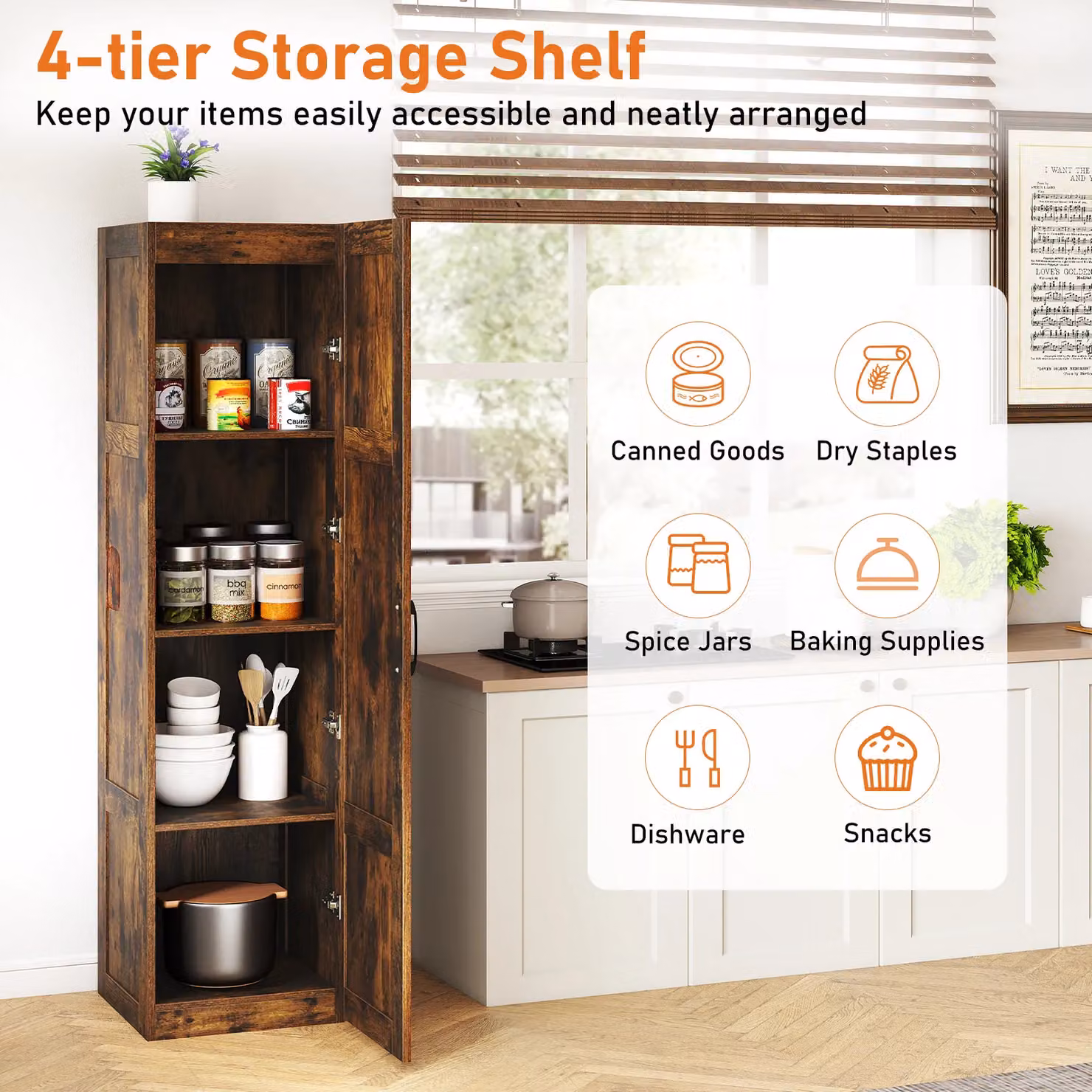 Costway 4-Tier Freestanding Tall Storage Cabinet in Brown with Hinged Doors, H 150 x W 40 x D 40 cm – 8