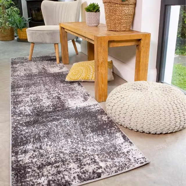 The Rug House Black and Grey Monochrome Abstract Area Rug, W: 240 cm, D: 60 cm