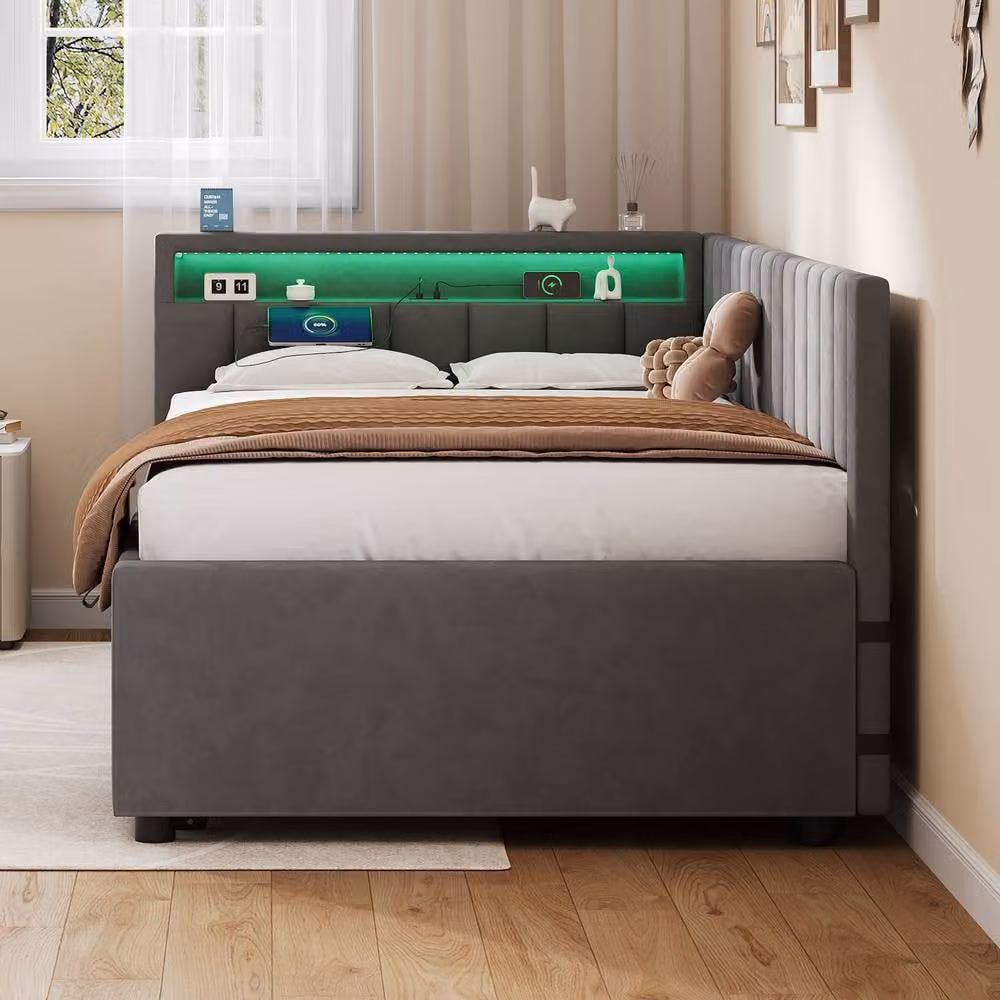 Merax Grey Velvet Upholstered Single Daybed Sofa Bed with Pull Out Trundle, LED Lighting, USB Charging Port and Bedside Shelf, W/D/H: 90 x 190 cm – 4