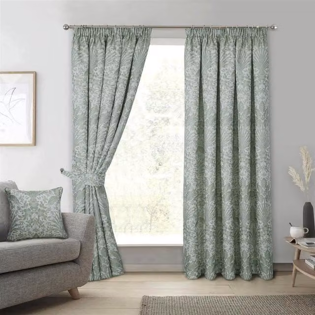 Sundour Green Floral Pencil Pleat Fabric Panel Curtains, Height: 229 cm