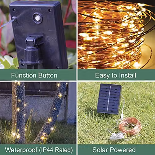 GardenKraft Solar Powered Micro LED Outdoor String Lights with 200 Warm White Lights and Copper Cord, IP44 Weatherproof – 3