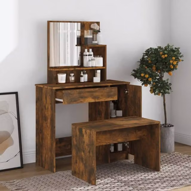 Berkfield Home Beautiful Dressing Table with Mirror in Smoked Oak Brown, W: 86.5 cm, D: 35 cm, H: 136 cm