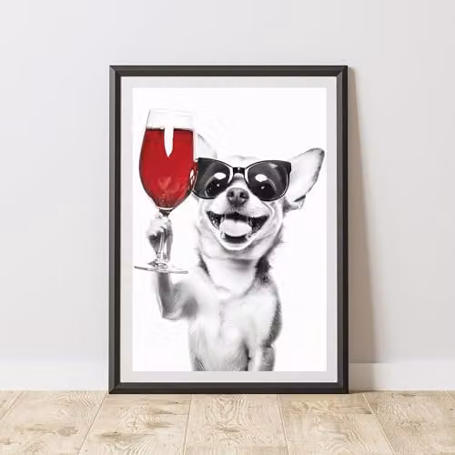 60 Second Makeover Funny Chihuahua Drinking Wine Paper Poster, Black and White, W: 21.0 cm, H: 29.7 cm