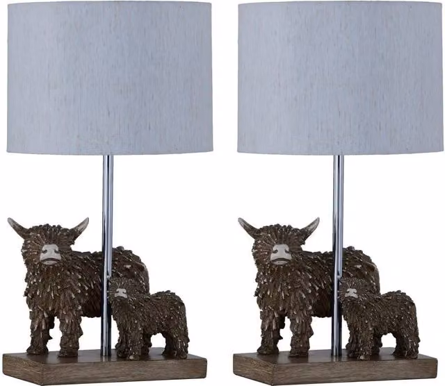 First Choice Lighting Angus & Hamish Highland Cow Table Lamps Set of 2 with Brown Linen Shades – 1