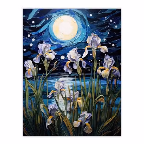 Artery8 Ethereal Iris Flower Blooms Fantasy Lake Full Moon Wall Art Poster Print, Multicolour, W: 45.7 x H: 61.0 cm