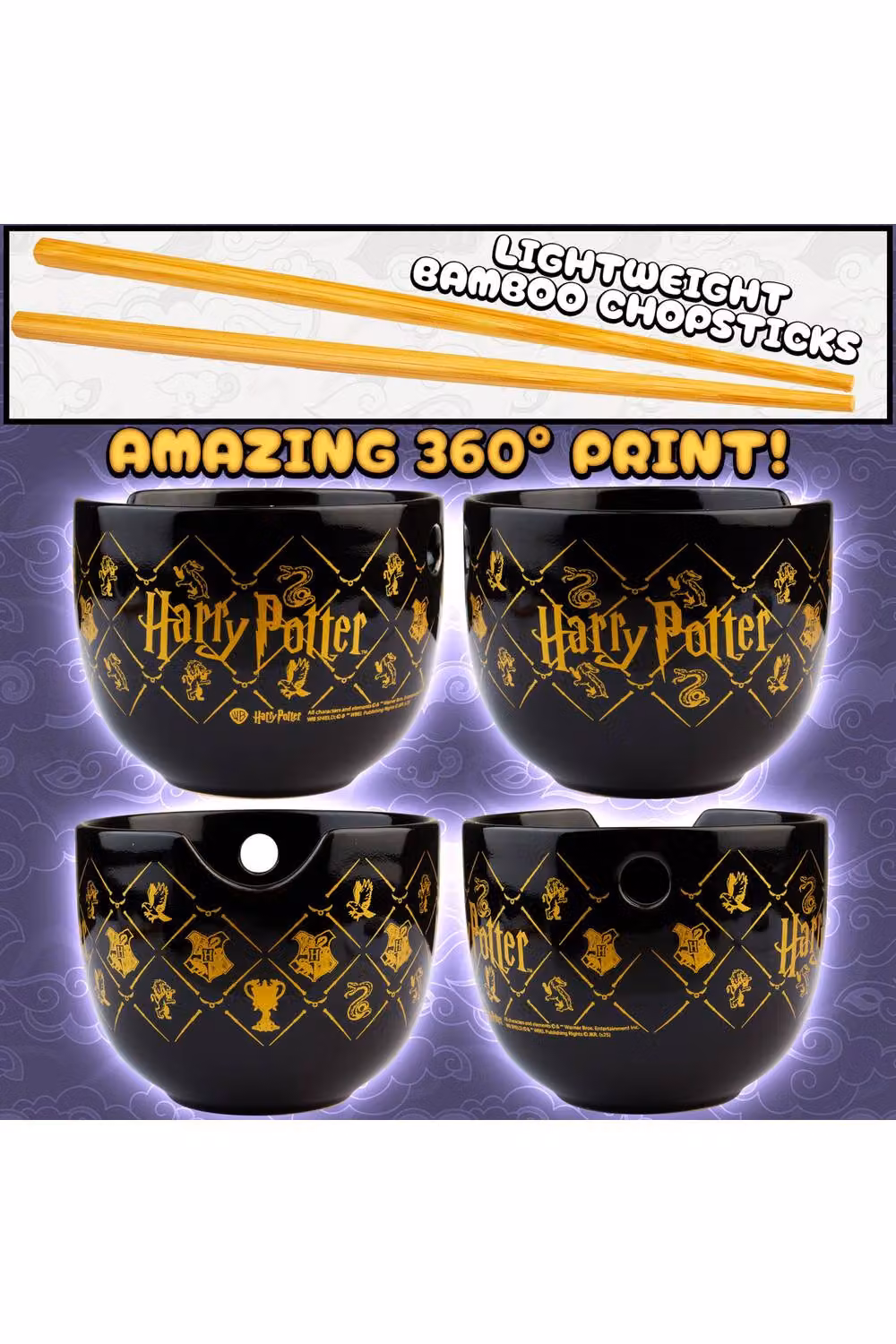 Get Trend Harry Potter Ramen Bowl Set, 600ml Black Ceramic Bowl with Spoon and Bamboo Chopsticks – 3