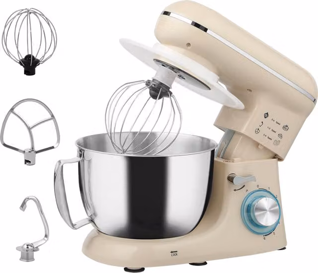 HOMCOM 1300W Kitchen Stand Mixer with Accessories in Beige – 1
