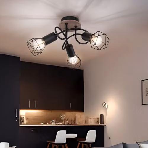 Netlighting Xara I Multi Arm Semi Flush Ceiling Lamp in Black and Brown with 3x E14 Wood and Metal Accents – 3