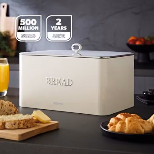 Geepas Retrovive Airtight Bread Bin 13L and 4 Piece Tea Coffee Sugar Canister Set 1.4L in Beige – 6