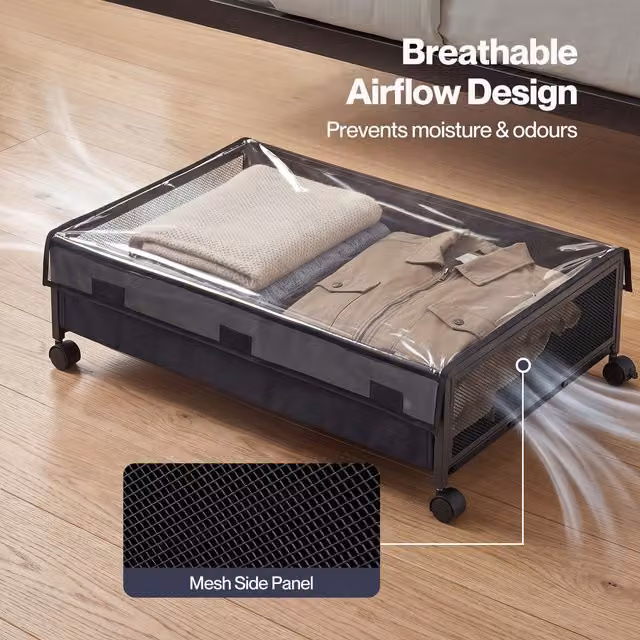 Levede Under Bed Storage Box with Lid and Wheels, 48L, Black