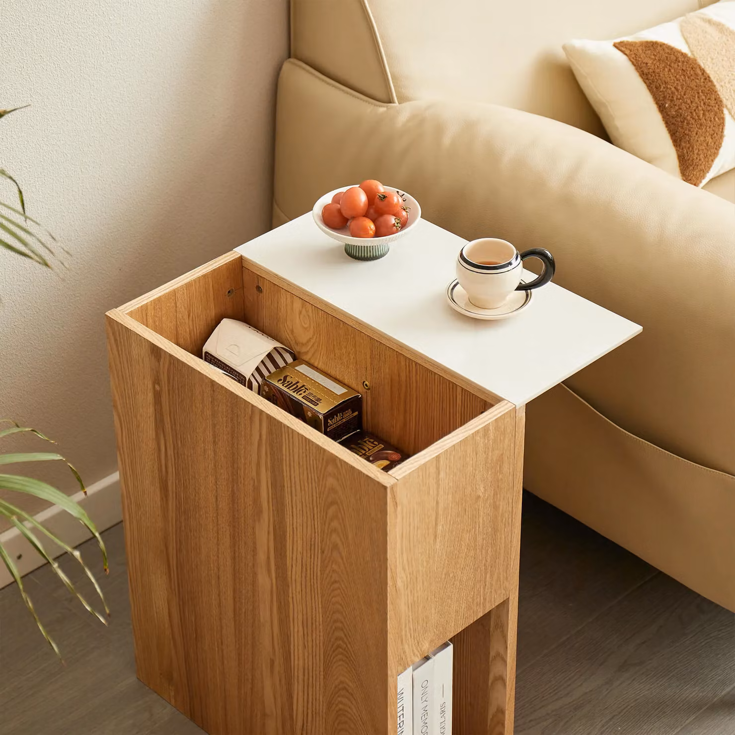Nordlys White Lacquered Pine Wooden Side Table with Storage Tray – 3