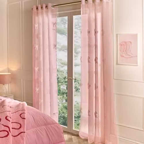 OHS Pink Voile Net Curtains with Decorative Tufted Bows, 2 Panels, W: 140 cm x H: 220 cm