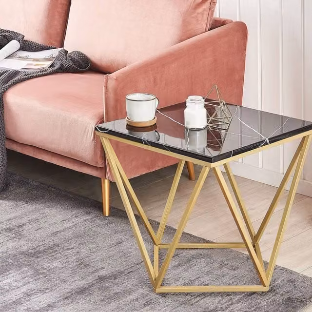 Wyld and Coco Side Table with Black Marble-Effect Top and Gold Metal Frame, W/D/H: 50 x 50 x 50 cm